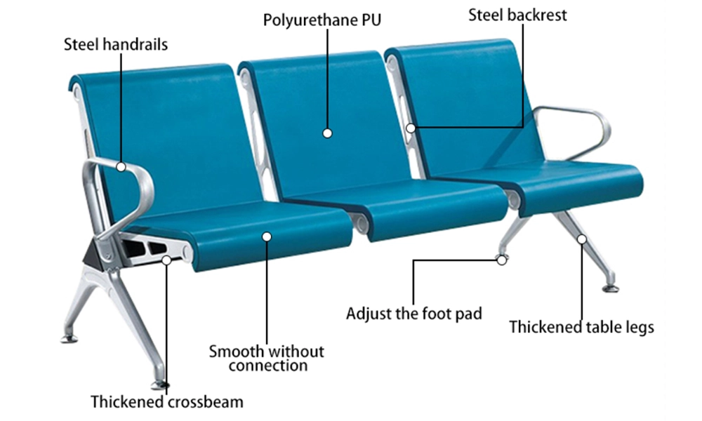 Medical Metal Furniture Waiting Chair Triple Bench 3 4 5 Seater Pu Foam Black Red Blue Seat for Hospital Airport Office Building - MEI YI