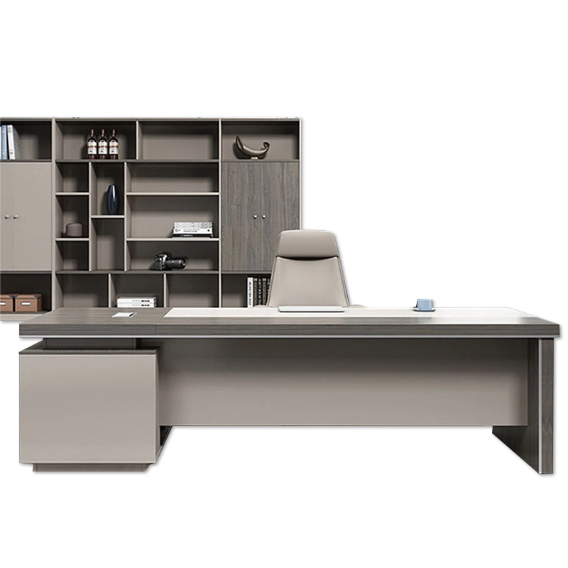Modern executive desk with bookshelf and leather chair. - MEI YI