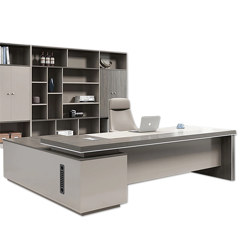 Modern executive desk with gray cabinets and shelves. - MEI YI