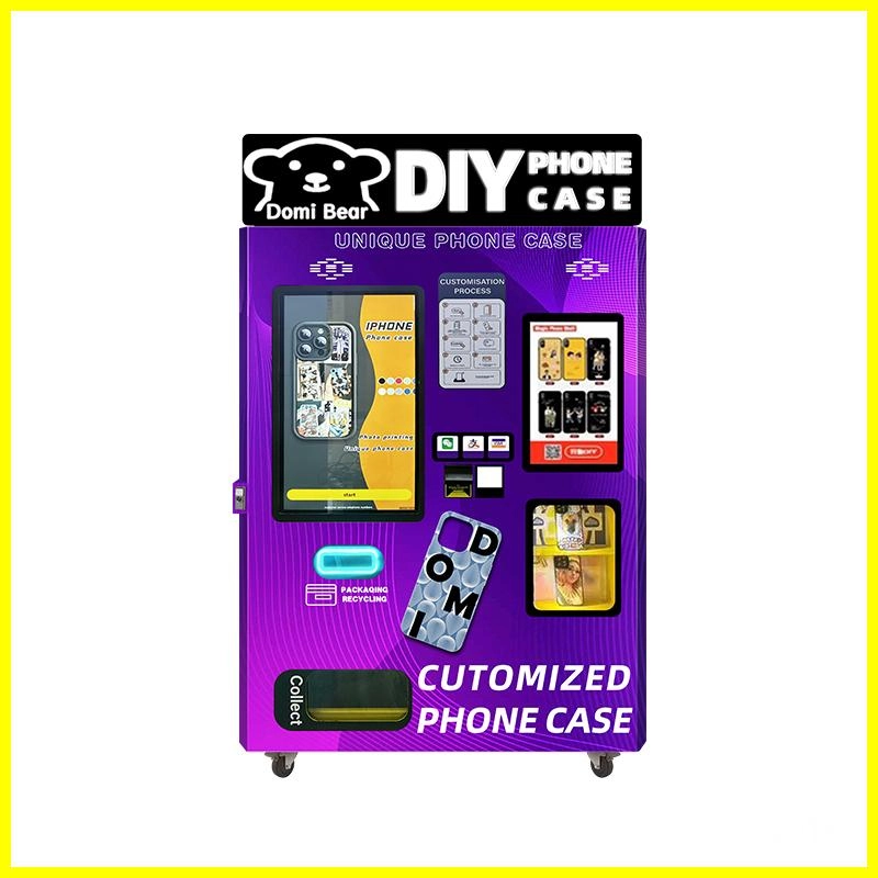 Purple phone case vending machine with touchscreen interface for customizing phone cases.