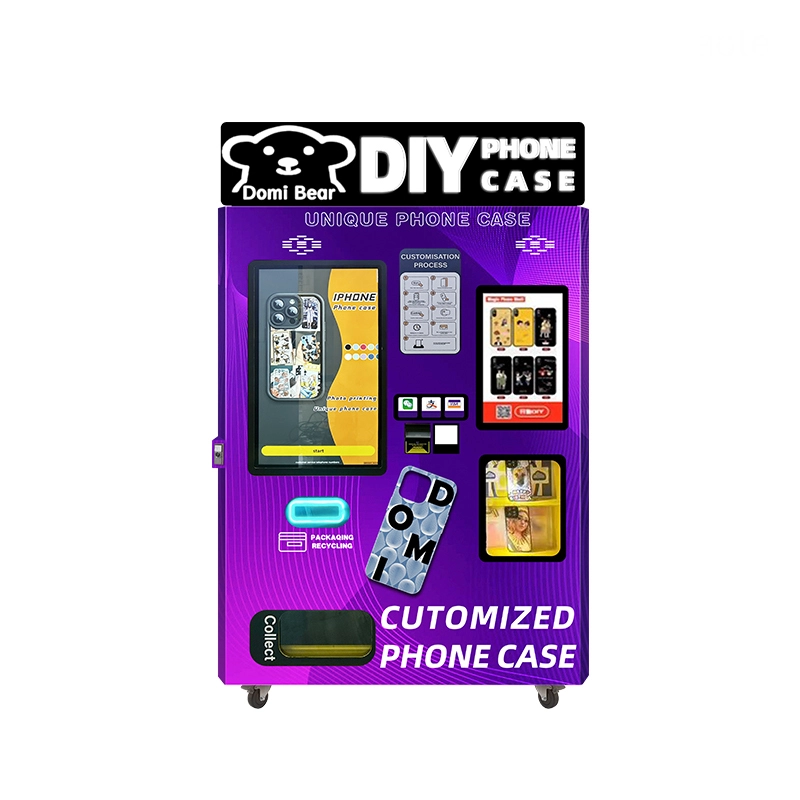 Purple phone case vending machine with touchscreen interface for customizing phone cases.