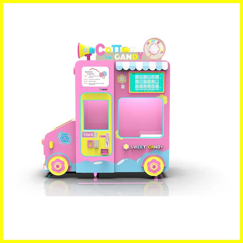 la mejor máquina expendedora de algodón de azúcar Máquina expendedora de algodón de azúcar de color rosa con forma de camión de dibujos animados, pantalla digital e instrucciones.