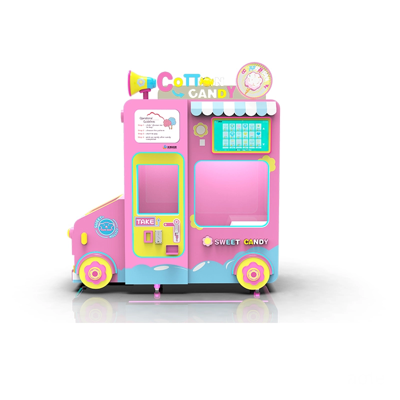la mejor máquina expendedora de algodón de azúcar Máquina expendedora de algodón de azúcar de color rosa con forma de camión de dibujos animados, pantalla digital e instrucciones.