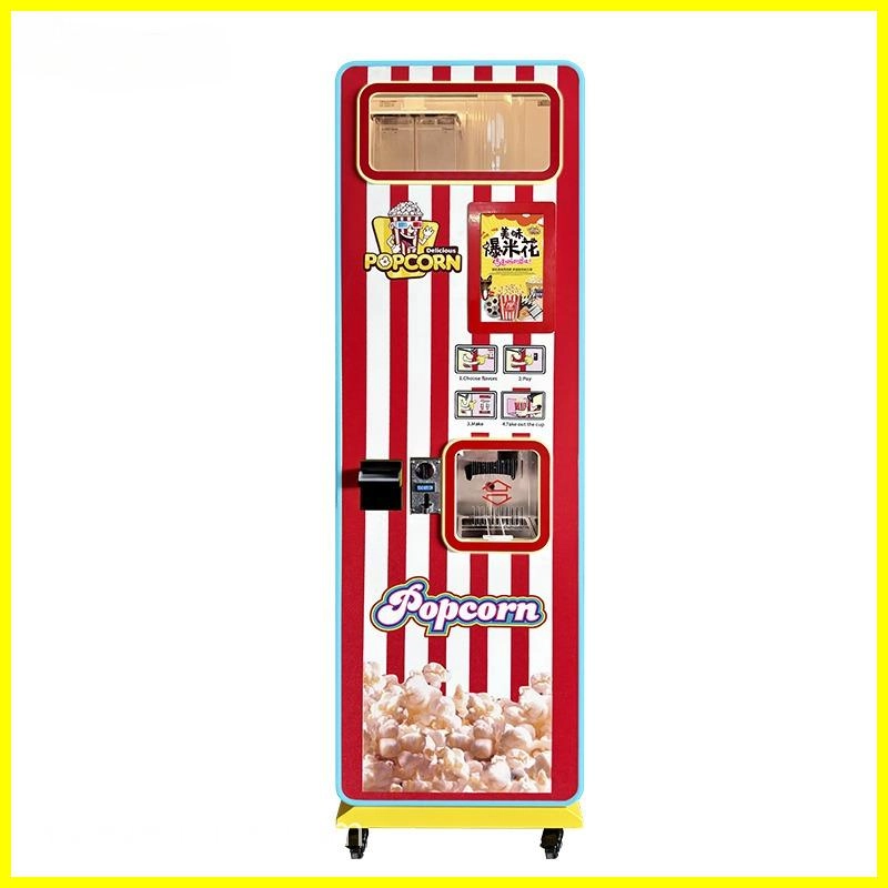Red and white striped popcorn vending machine with a transparent top and a digital display showing flavor options.