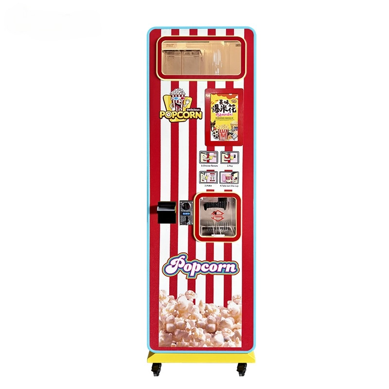 Red and white striped popcorn vending machine with a transparent top and a digital display showing flavor options.