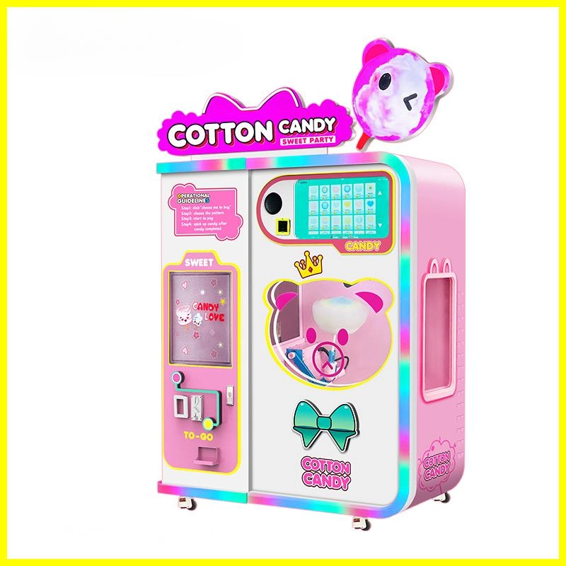 máquina de algodón de azúcar del cliente Máquina expendedora de algodón de azúcar rosa con diseño de oso de dibujos animados y luces LED de arcoíris.