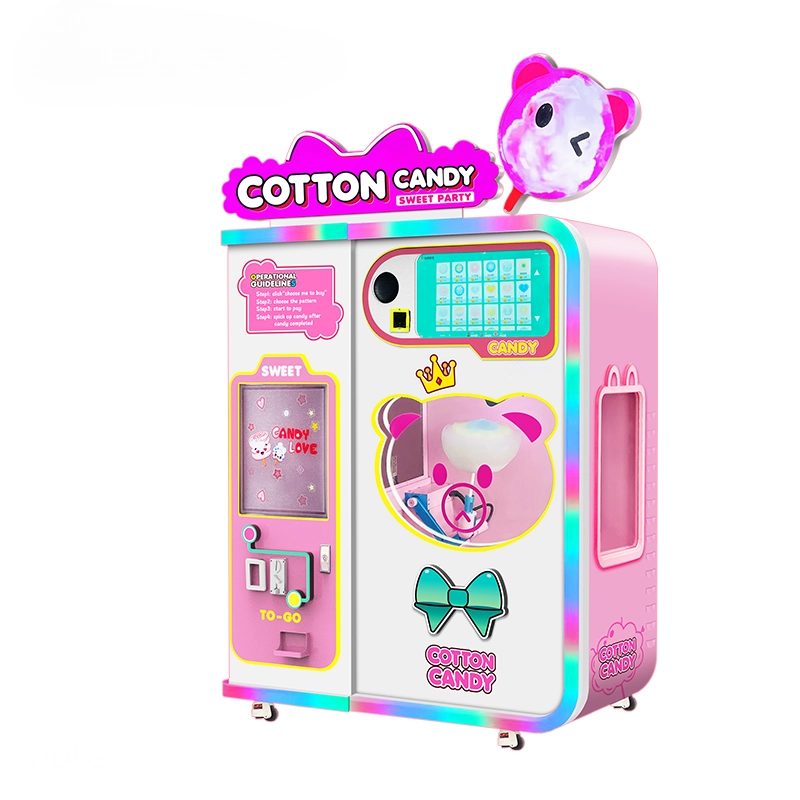 máquina de algodón de azúcar del cliente Máquina expendedora de algodón de azúcar rosa con diseño de oso de dibujos animados y luces LED de arcoíris.