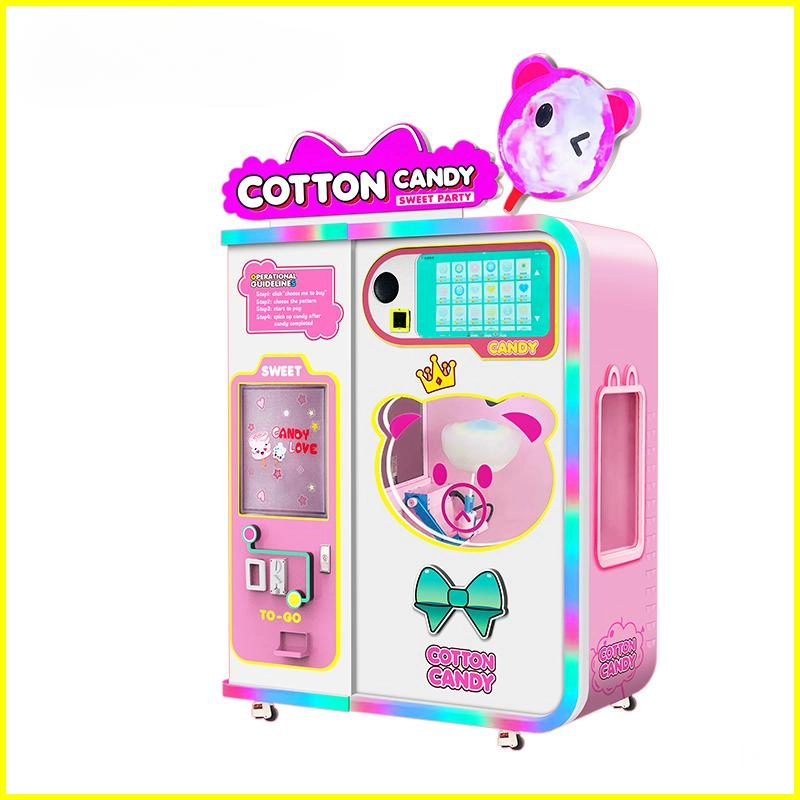 máquina de algodón de azúcar del cliente Máquina expendedora de algodón de azúcar rosa con diseño de oso de dibujos animados y luces LED de arcoíris.