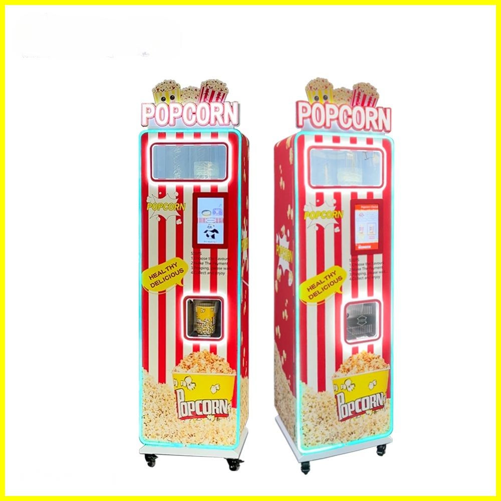 Two red and white popcorn vending machines with digital screens and cartoon popcorn illustrations.