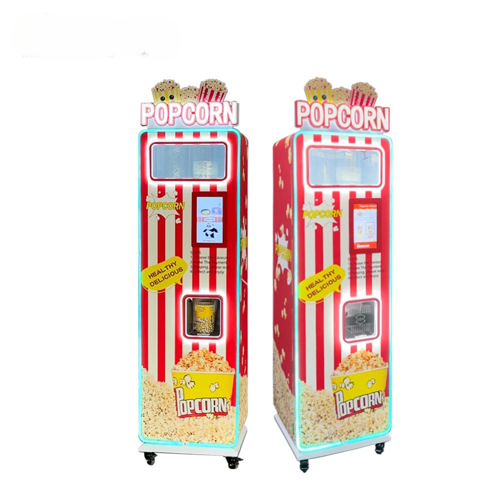 Two red and white popcorn vending machines with digital screens and cartoon popcorn illustrations.