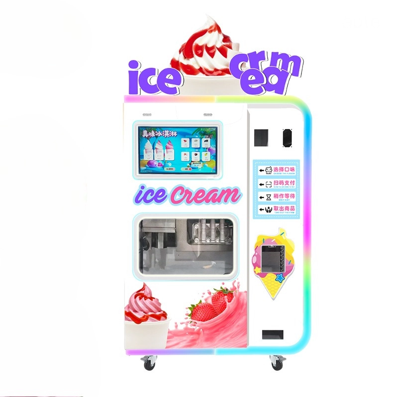The machine features a touchscreen display showing various ice cream flavors and a window showing the ice cream making process.
