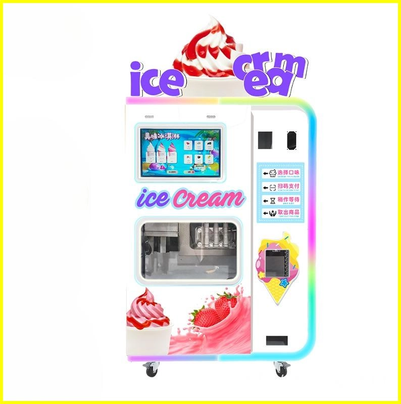The machine features a touchscreen display showing various ice cream flavors and a window showing the ice cream making process.