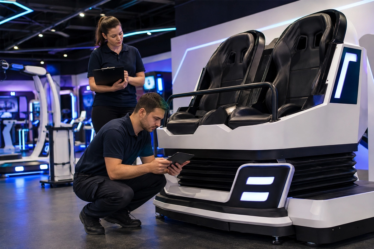 Technicians performing commercial VR equipment maintenance in an arcade - Skyfun
