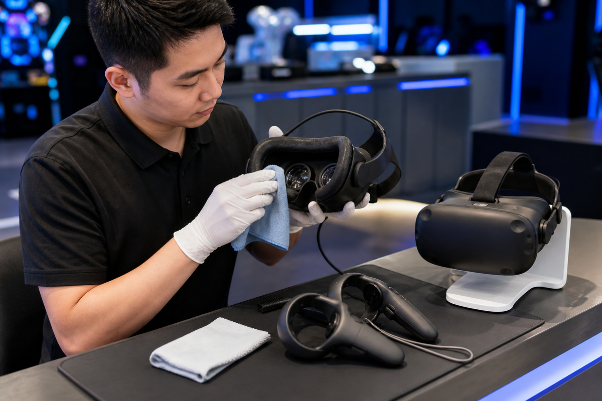 02-daily-vr-headset-cleaning-1200 Staff member cleaning VR headsets and controllers during daily maintenance