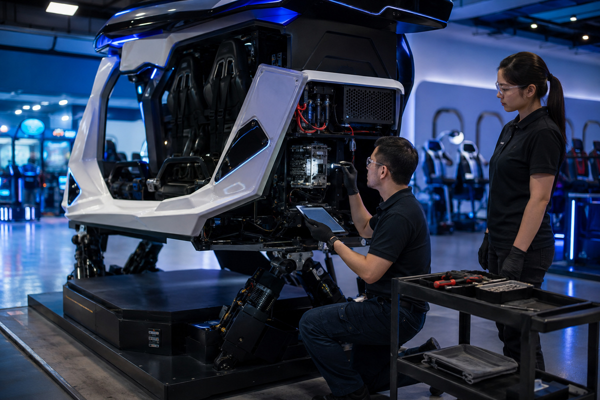 03-commercial-vr-machine-inspection-1200 Technician inspecting a commercial VR motion simulator