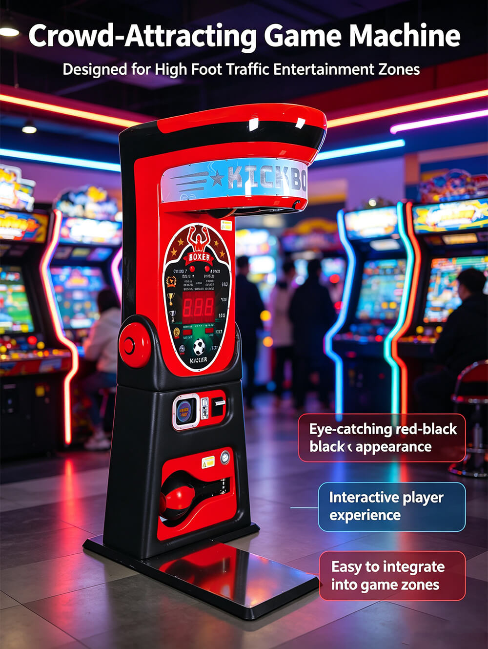 Red and black Punch and Kick machine in a busy arcade zone