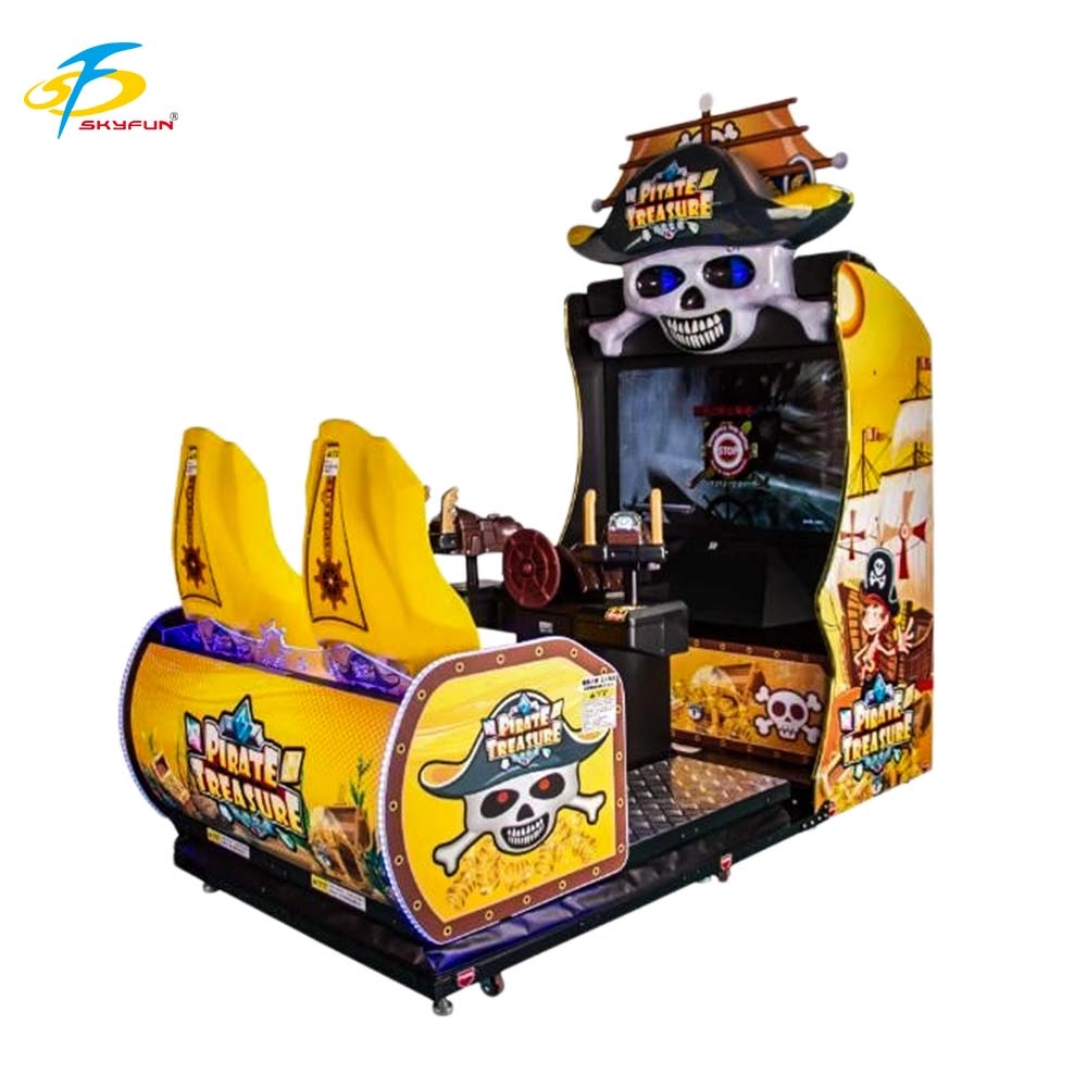 Pirate Treasure arcade shooting game machine with two seats and a skull topper. - Skyfun
