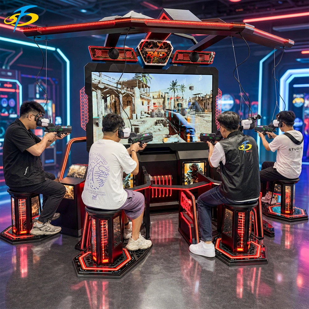 Four players using VR headsets and recoil controllers in an arcade - Skyfun
