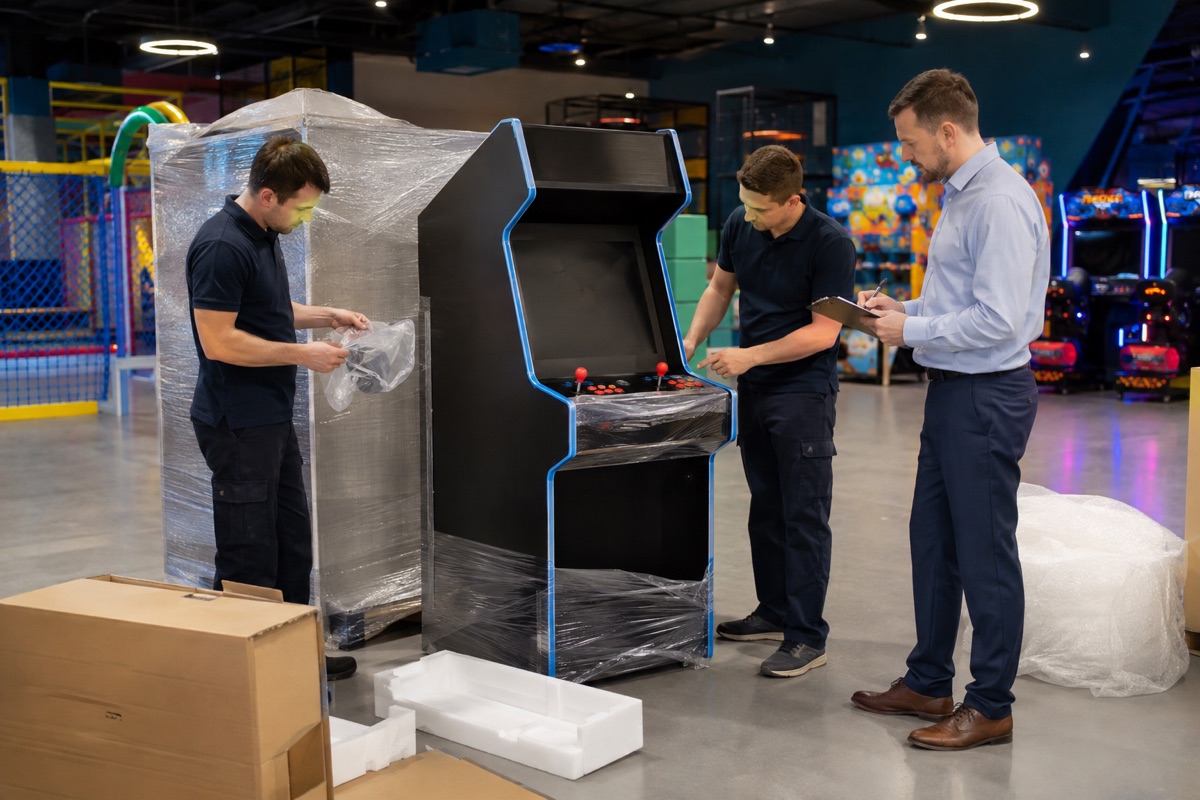 Technicians inspecting a commercial arcade machine after delivery