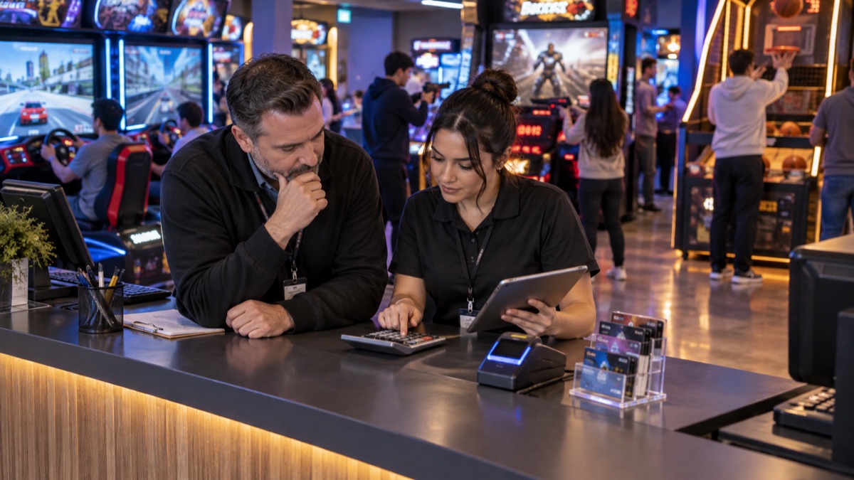 Arcade managers reviewing pricing during a trial operation