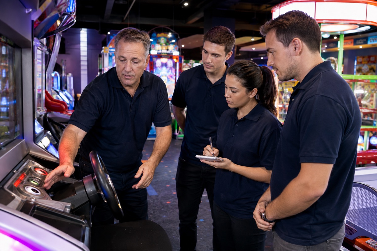 Supplier technician training arcade staff before opening