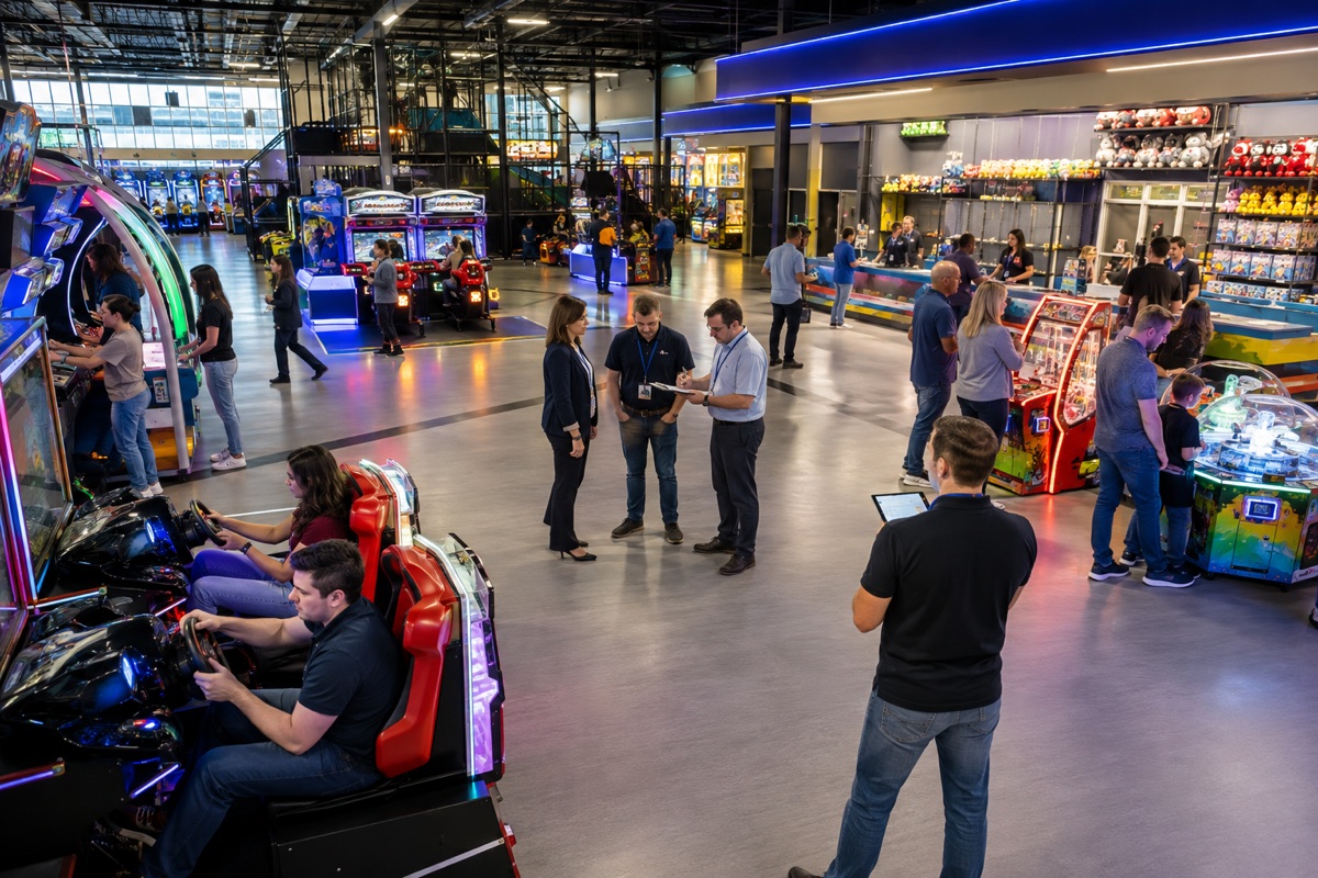 Managers observing customer flow during an arcade trial operation