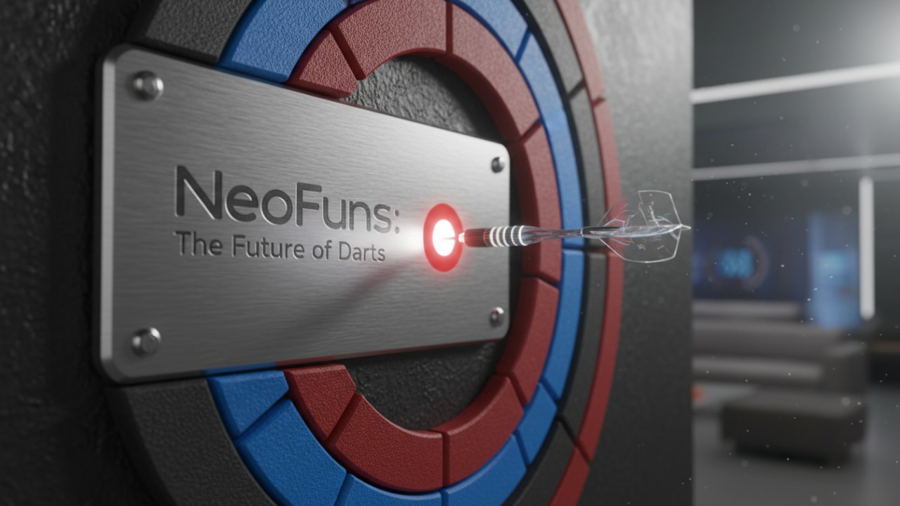 A close up 3D render of a dart hitting the bullseye on an electronic board with a NeoFuns brand plaque in the background.