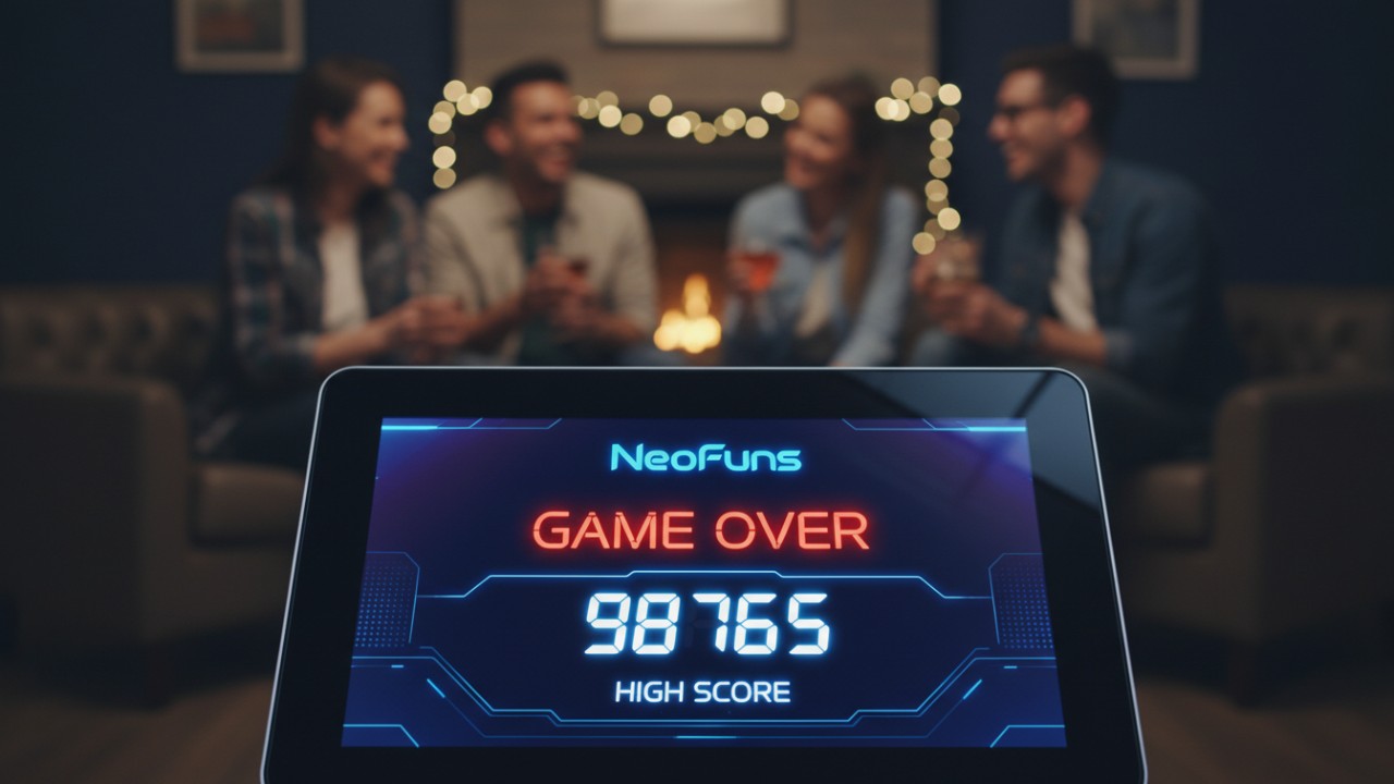 A close up of a digital dart board screen featuring the NeoFuns logo and game statistics.
