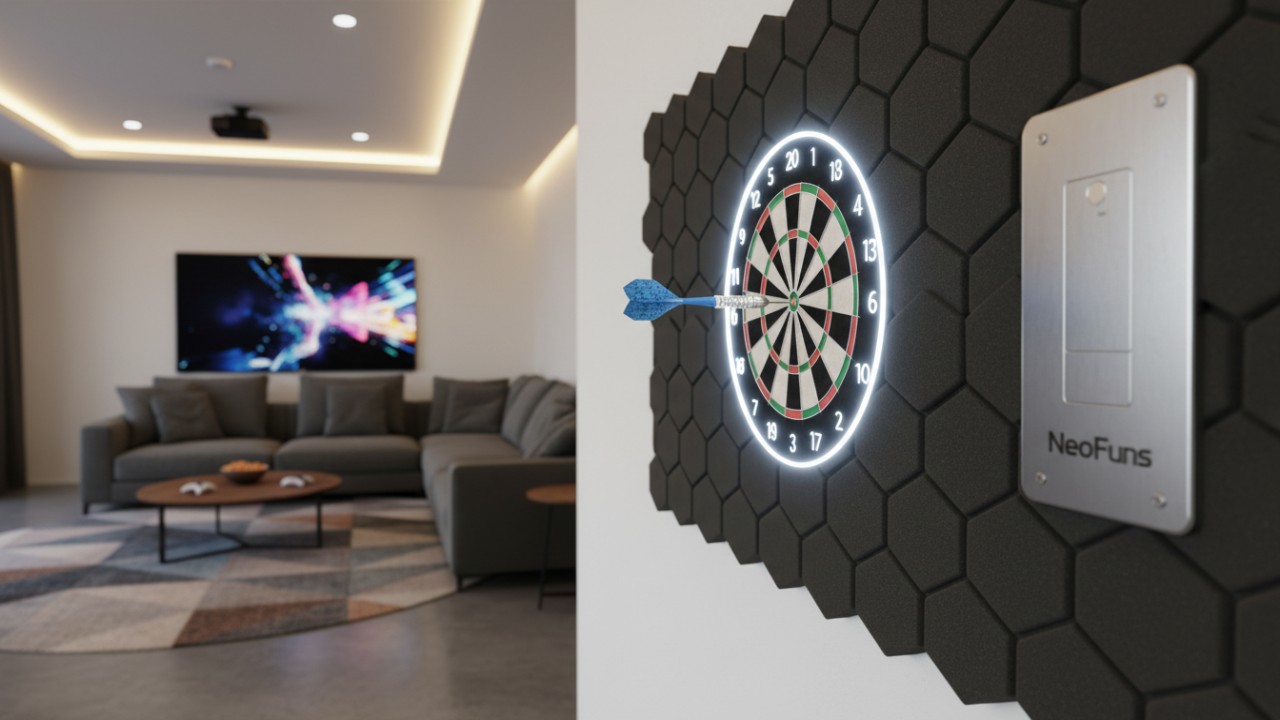 A close-up of a soft tip dart about to hit a protective backboard in a room featuring NeoFuns branding.