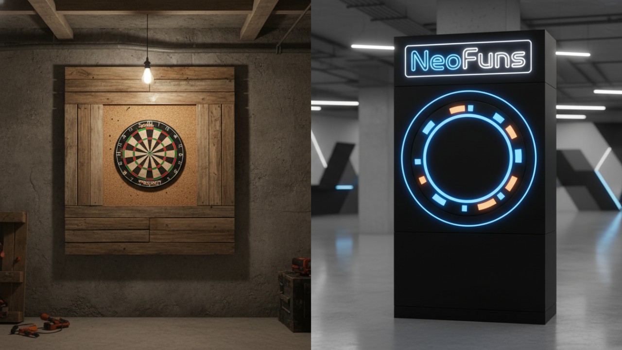 A comparison between a handmade wooden dartboard guard and a professional NeoFuns commercial wall protection panel.