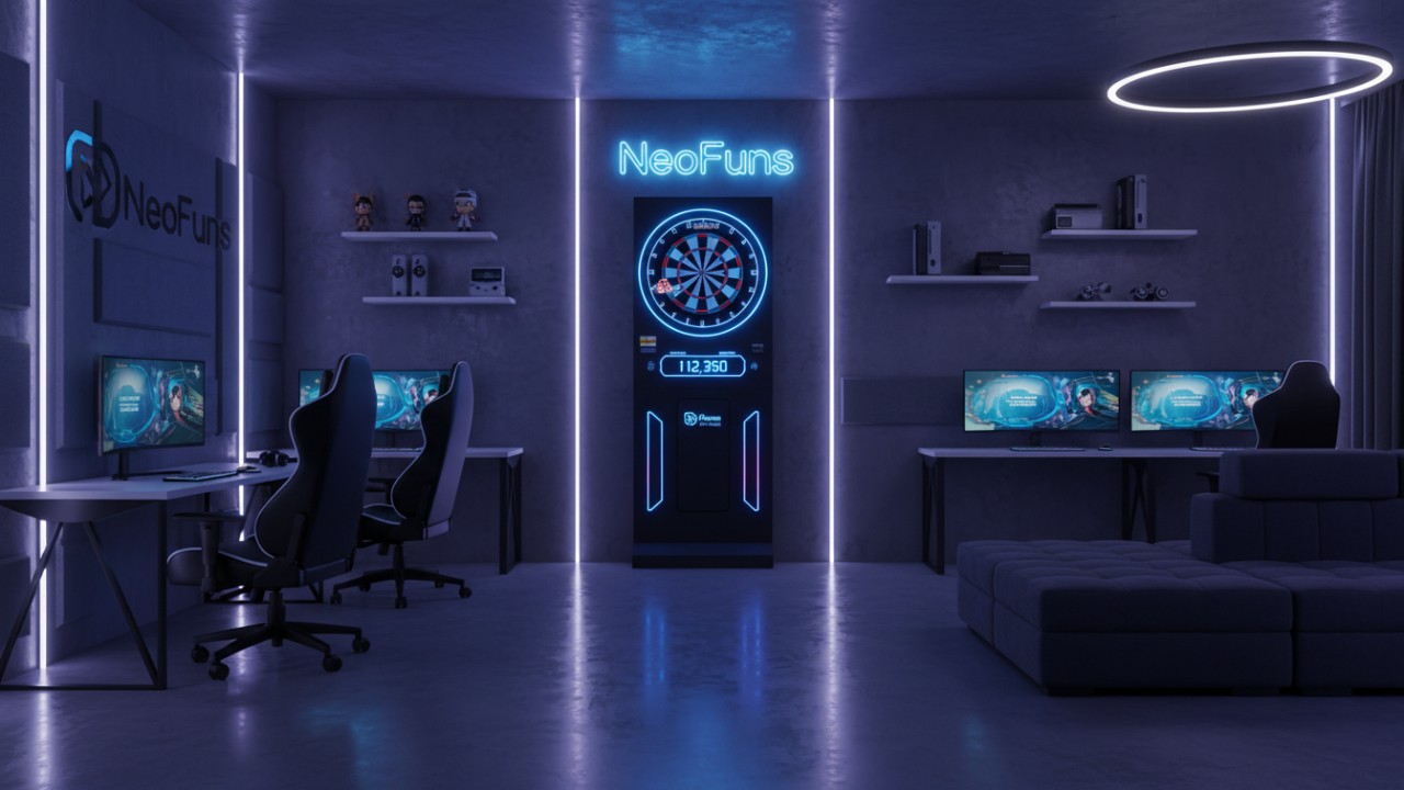 A completed high-end home game room featuring a NeoFuns neon sign and a professional electronic dartboard.