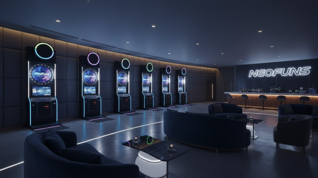 A finished game room setup with professional wall guards and electronic dartboards featuring the NeoFuns brand name.