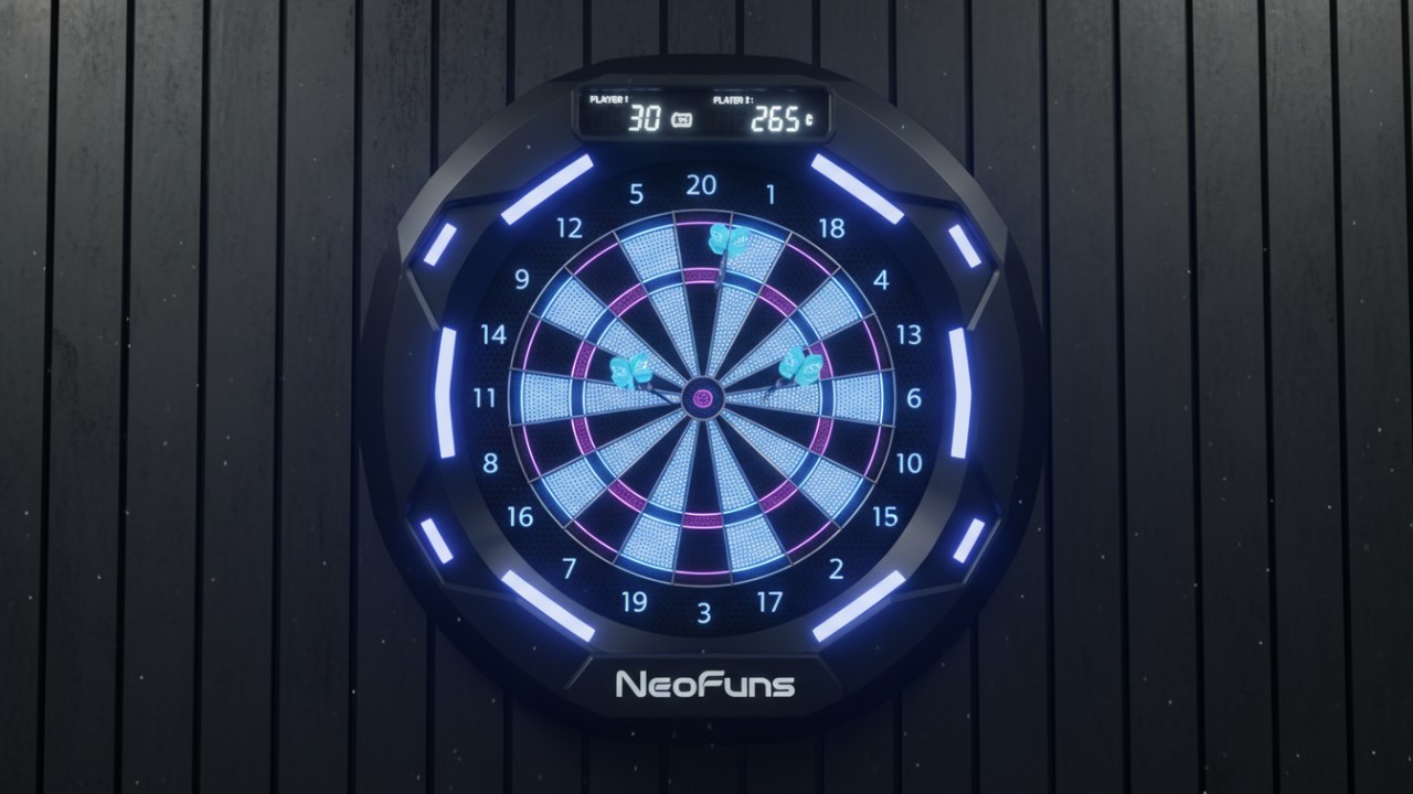 A futuristic electronic dart board with glowing LED lights and the NeoFuns brand name in a modern setting