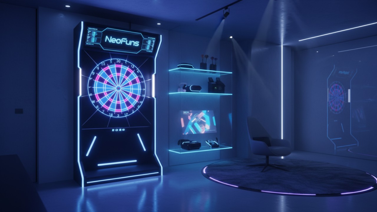 A futuristic electronic dart board with glowing LED segments and the NeoFuns brand name on the digital display in a modern game room.