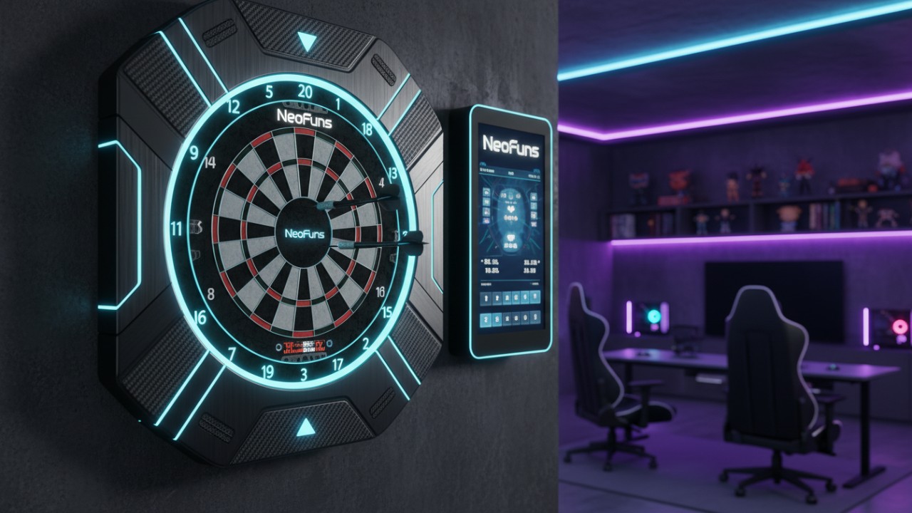 A futuristic electronic dartboard with glowing blue LED lights and a NeoFuns logo displayed on a digital screen in a high-tech gaming room.