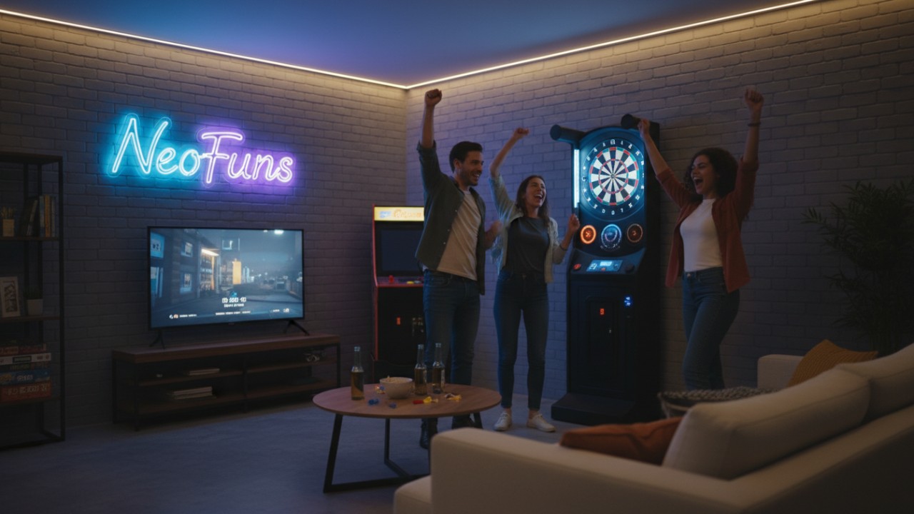 A group of friends celebrating around a dart board in a room with a NeoFuns neon sign.