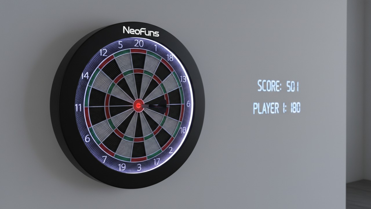 A high tech electronic dart board with a soft tip dart in the bullseye and the NeoFuns brand name on the frame.