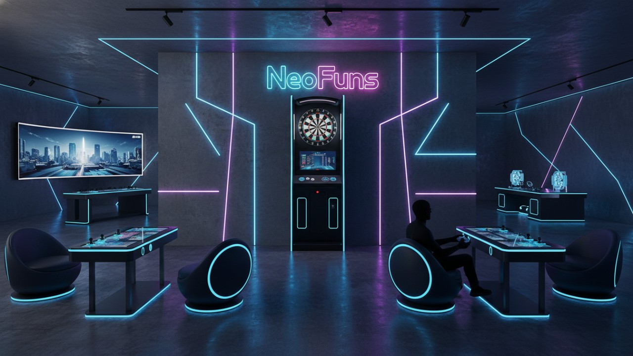 A luxurious modern game room featuring a high-tech electronic dartboard setup and a glowing NeoFuns neon sign on the wall