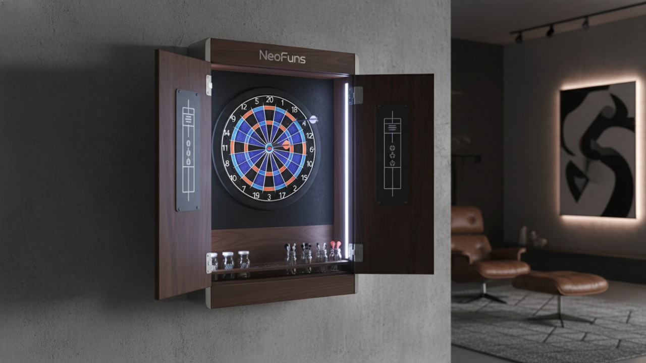 A modern electronic dart board cabinet with the brand NeoFuns engraved on the top showing a digital dartboard and soft-tip darts inside