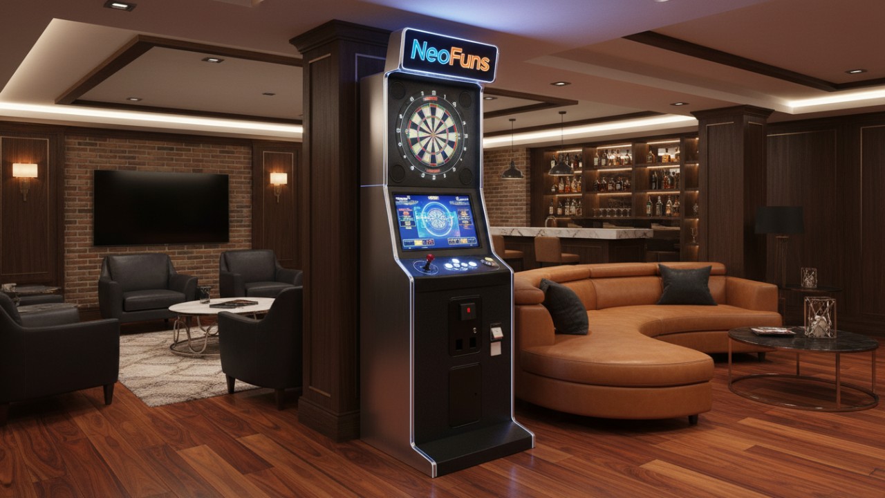 A premium commercial-style upright dart arcade machine with the NeoFuns logo located in a luxury home lounge.