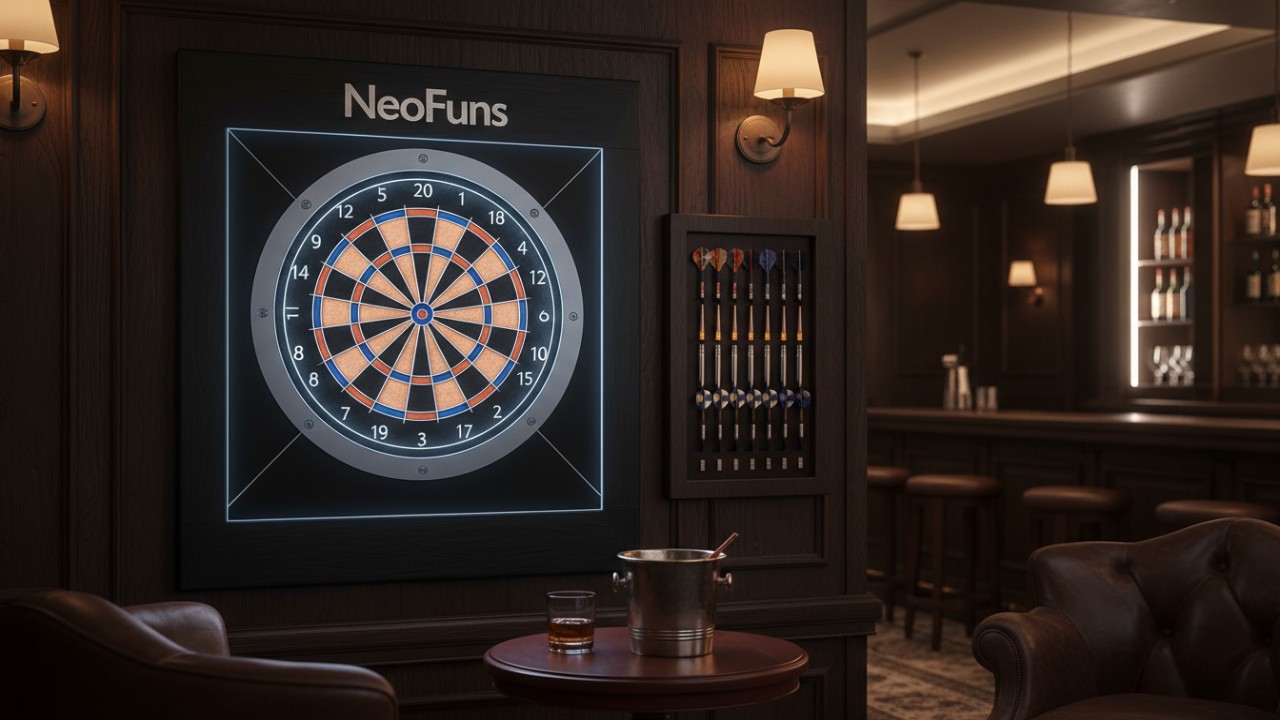A premium electronic dart board with NeoFuns branding in a sophisticated home bar setting.