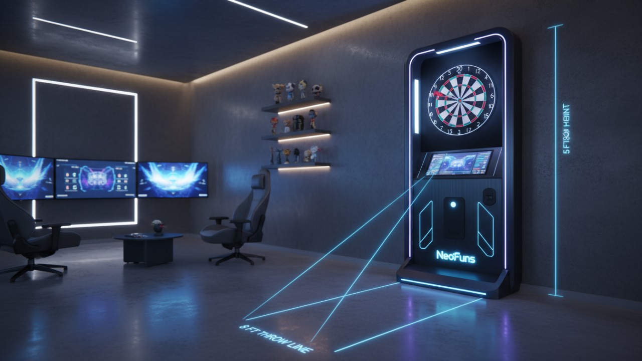 A professional electronic dartboard setup with LED lighting and holographic measurement guides featuring the NeoFuns brand name.