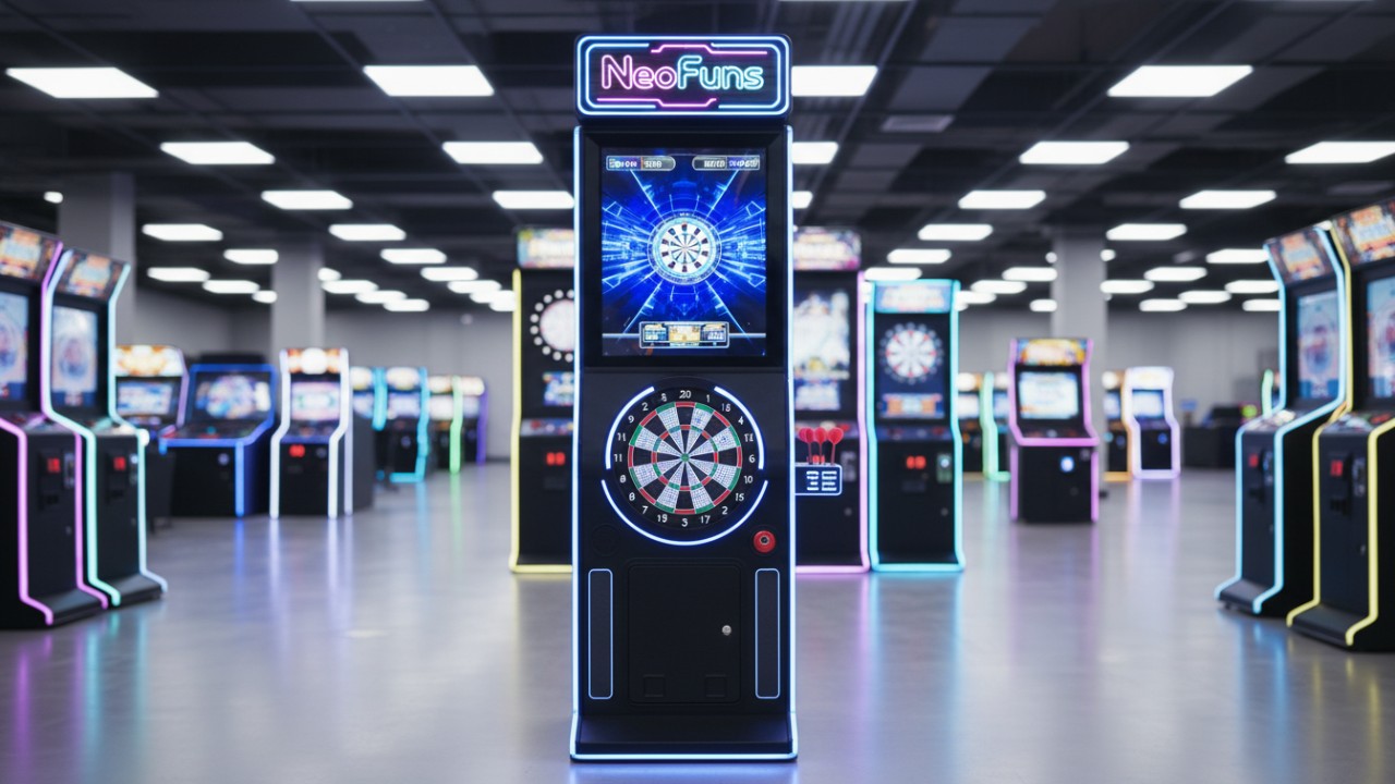 A professional NeoFuns arcade dartboard cabinet with a large scoring monitor and neon signage in a premium entertainment center.