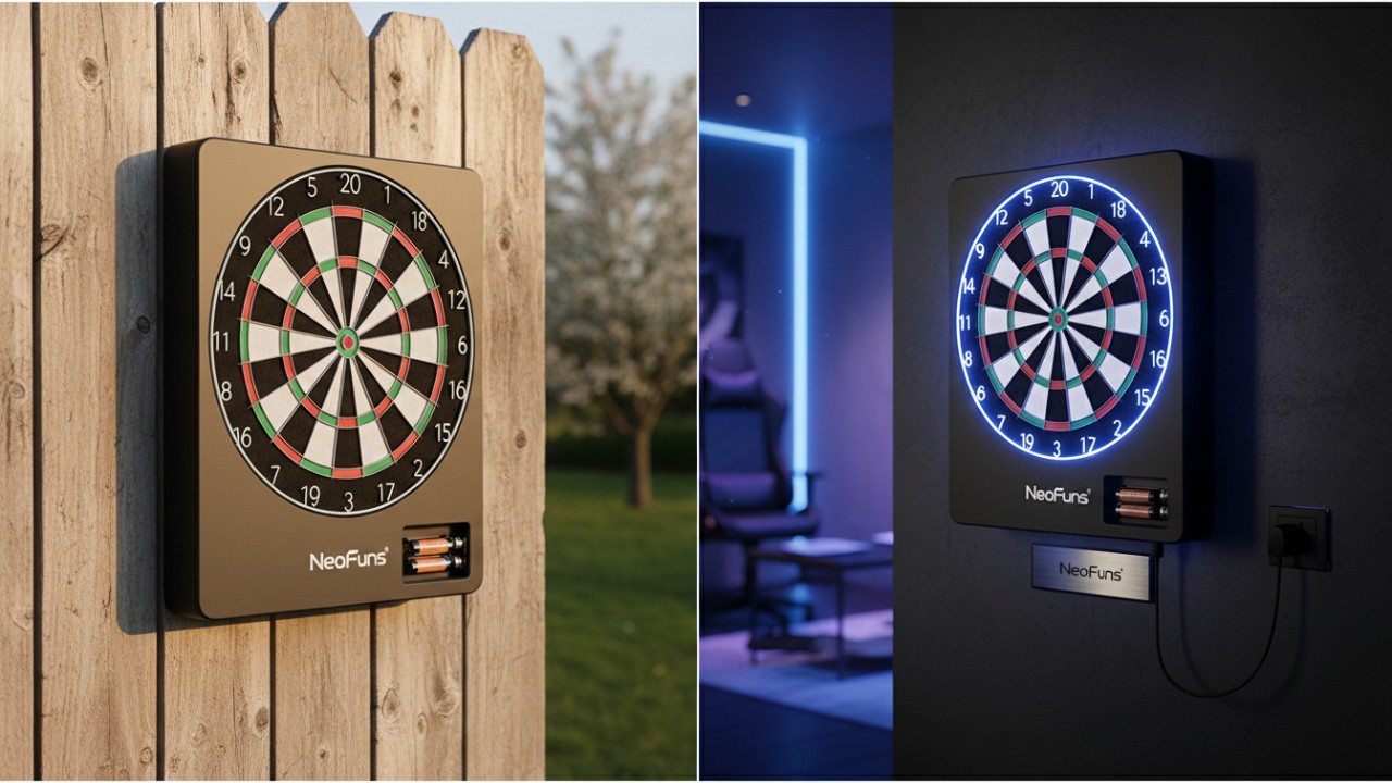 A side-by-side comparison of a battery-powered NeoFuns dart board outdoors and an AC-adapter-powered NeoFuns dart board in an indoor game room.