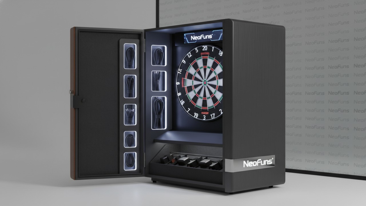 A side view of a deep pre-made electronic dartboard cabinet showing cable management features and a NeoFuns logo