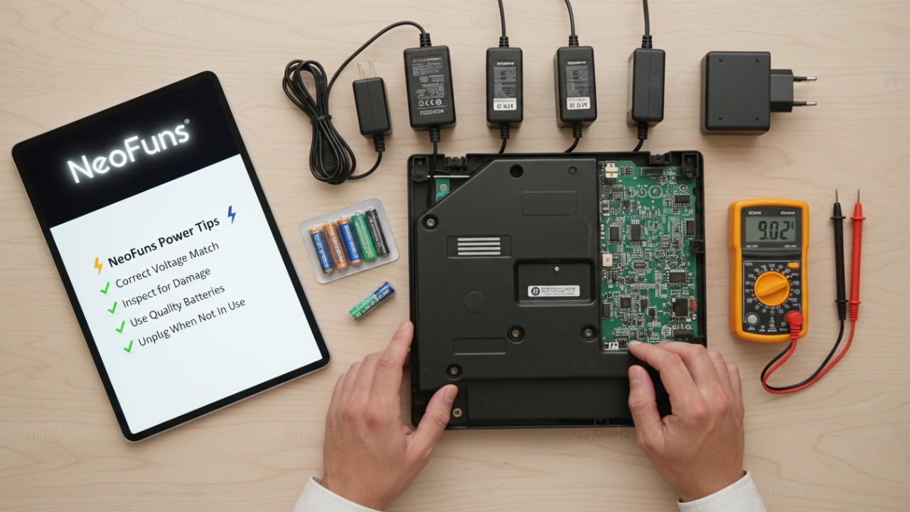 A workshop table with a NeoFuns dart board and various power components like batteries and AC adapters for a lesson in power management.