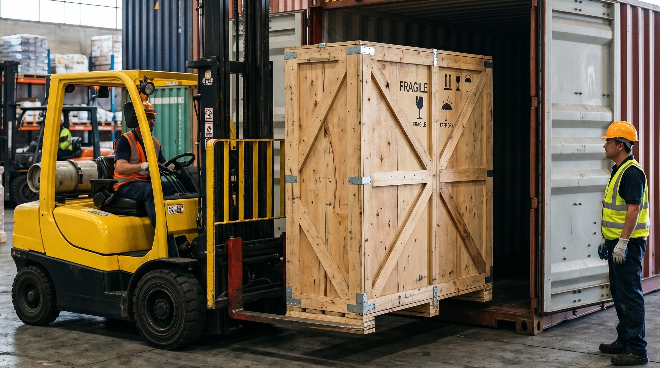 A yellow industrial forklift