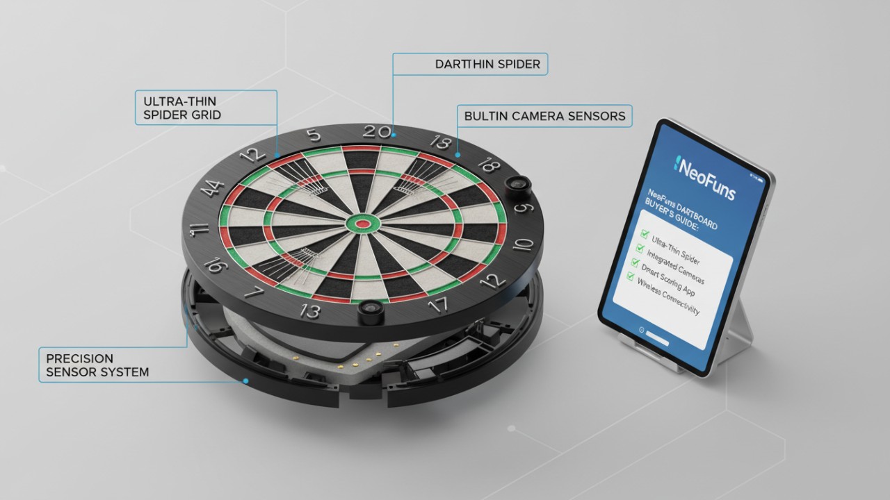 An illustrative guide showing features of a high end electronic dart board with a NeoFuns branded tablet.