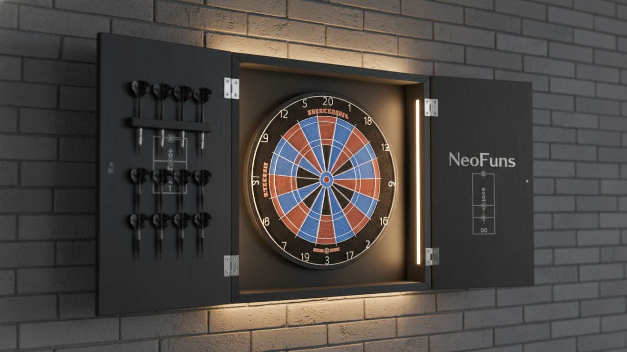 An open luxury dartboard cabinet with the NeoFuns logo engraved on the door revealing a digital dartboard.