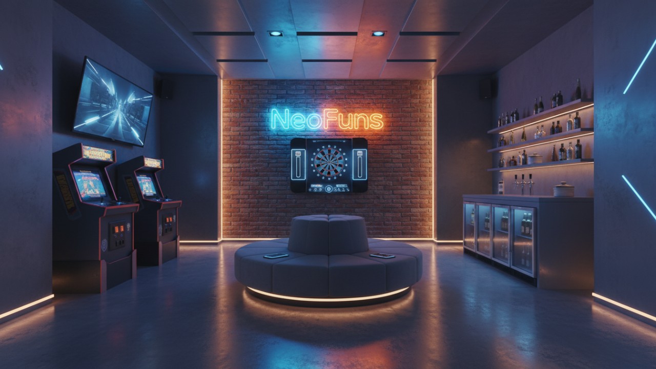 An ultimate man cave entertainment room featuring a NeoFuns neon sign and gaming equipment.